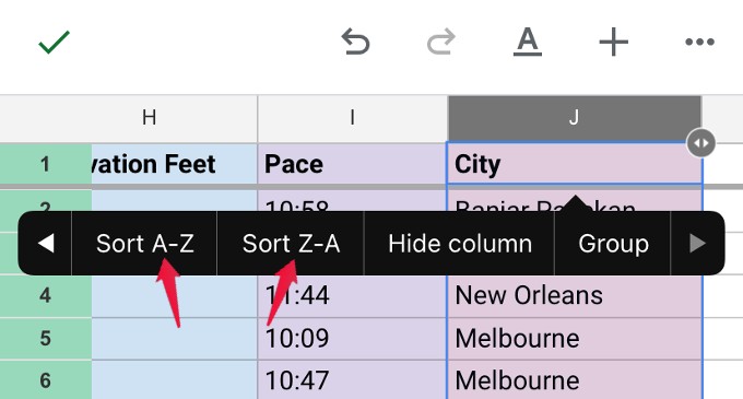 google sheets app sort single column iphone