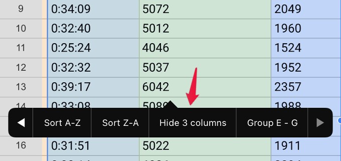 hide multiple columns google sheet iphone