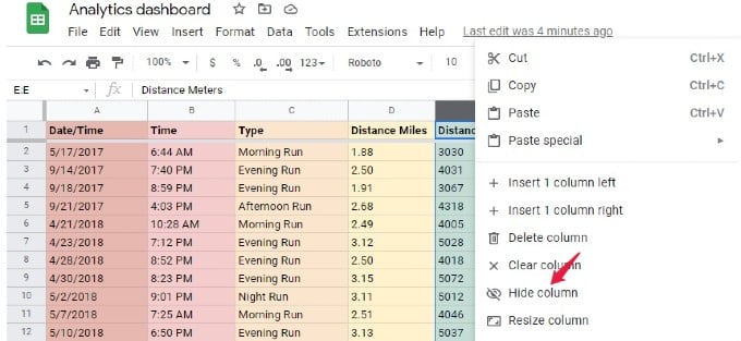 hide single column google sheet menu option