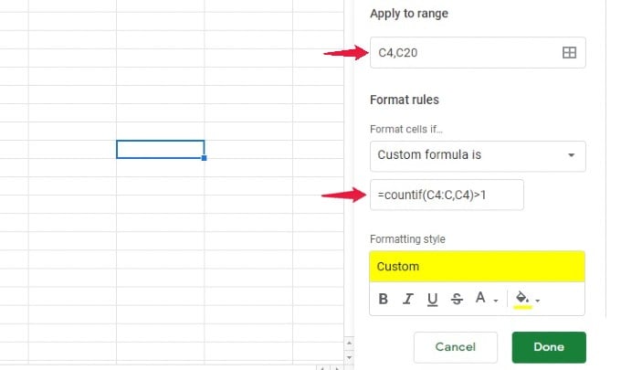 highlight duplicates only for selected cells