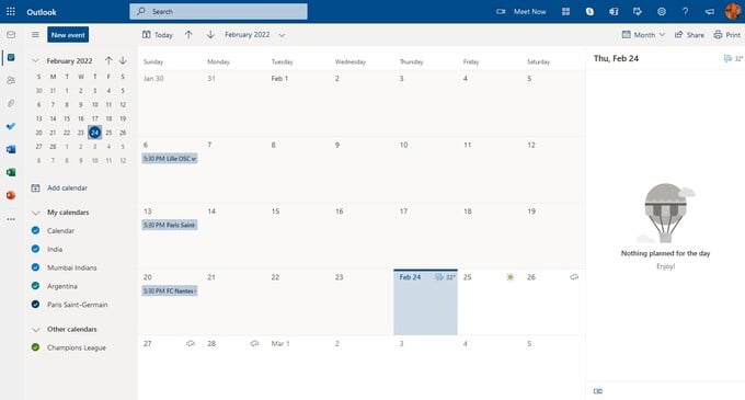 Outlook calendar web app