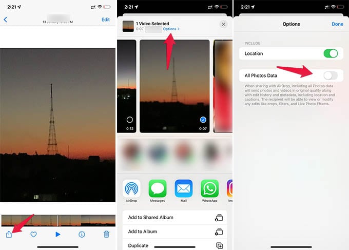 Remove All Photos Data While Sharing Videos on iPhone