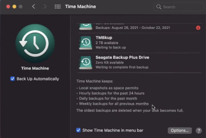 Time Machine Settings on Mac
