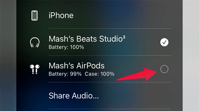 Uncheck One AirPods from iPhone Share Audio