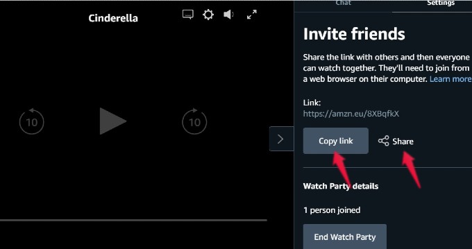 amazon watch party invite friends on browser
