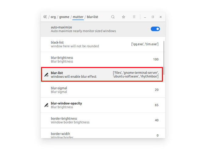edit GNOME blur windows list