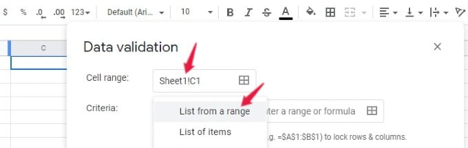 drop down list creation with list in a range google sheets