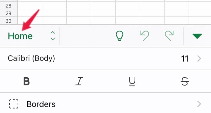 excel workbook menu options iphone