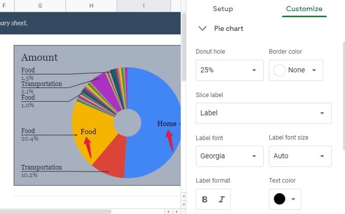 google sheet pie chart label formatting options