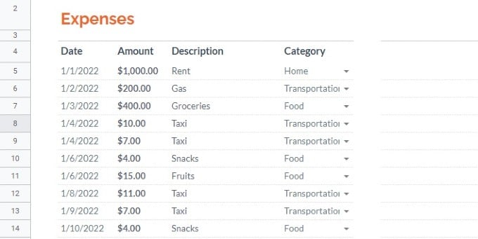 google sheet sample monthly expenses