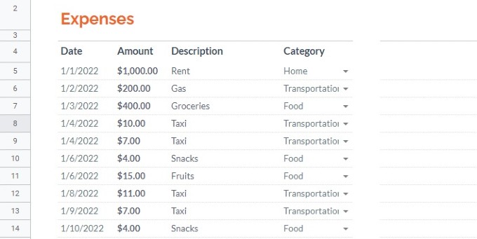 google sheet sample monthly expenses