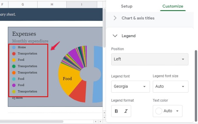 google sheets pie chart edit legend