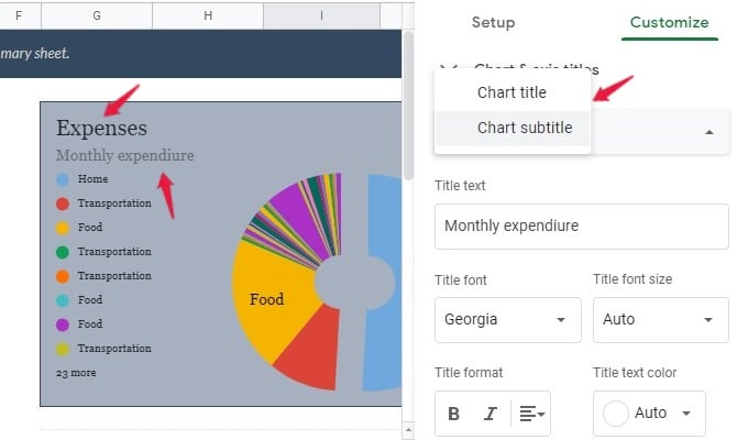 google sheets pie chart edit title and subtitle