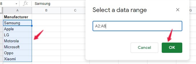 select data range google sheets