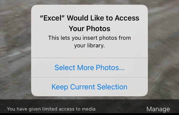 storage access to excel app iphone