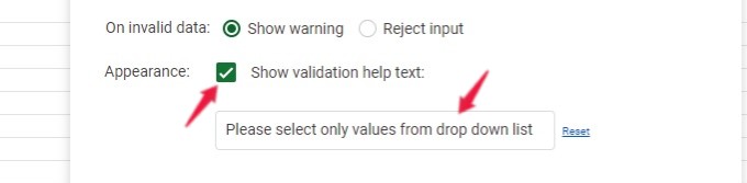 validation help text message drop down list