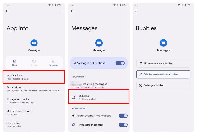 Google Messages notification bubbles