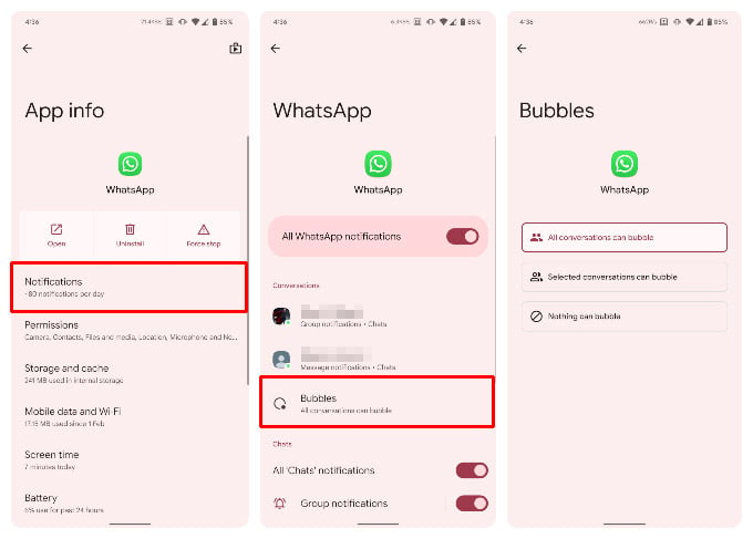 WhatsApp chat bubbles on Android