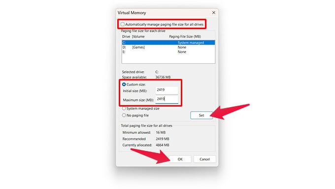 Windows 11 Paging file size