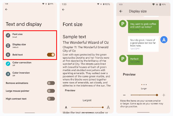 increase android font and display size