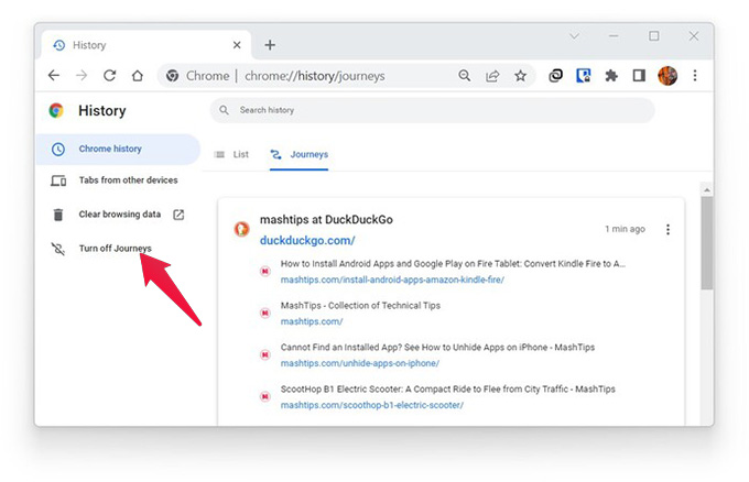 turn off chrome journeys