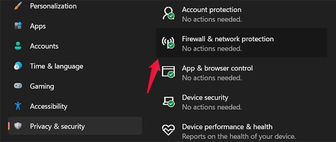 Firewall and Network Protection Settings on Windows 11