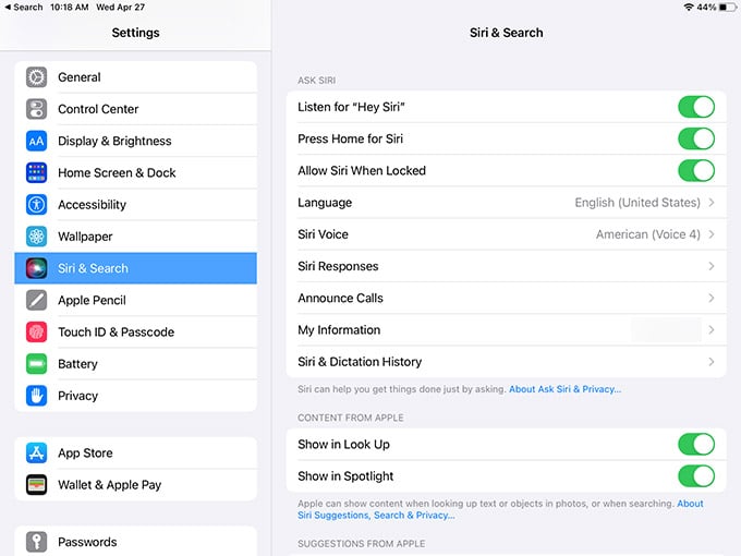 Siri and Spotlight Search Settings on iPad