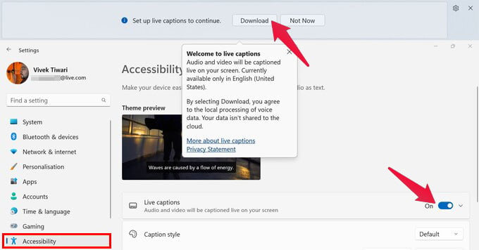 Enable Windows 11 Live Captions