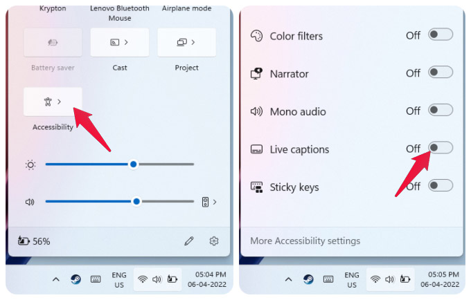 Live Captions quick toggle