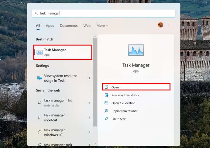 Open Task manager in Windiws 11 from search