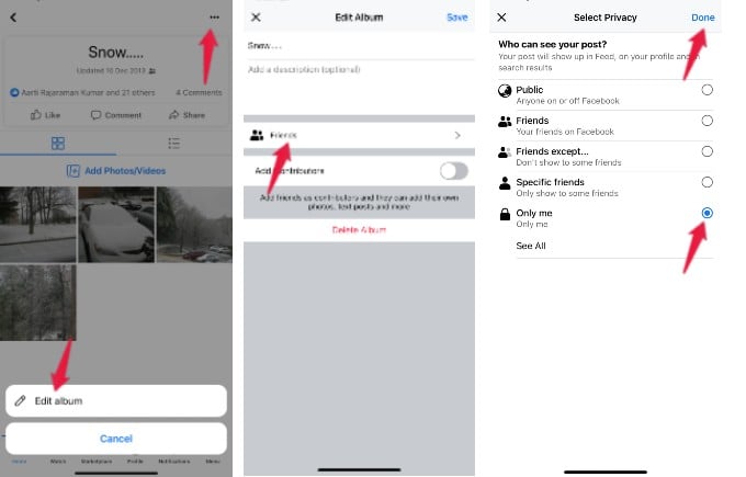 change album privacy settings facebook iphone