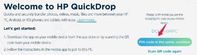 confirmation pin code quick drop app laptop