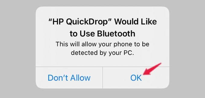 permission for hp quickdrop to access bluetooth iphone