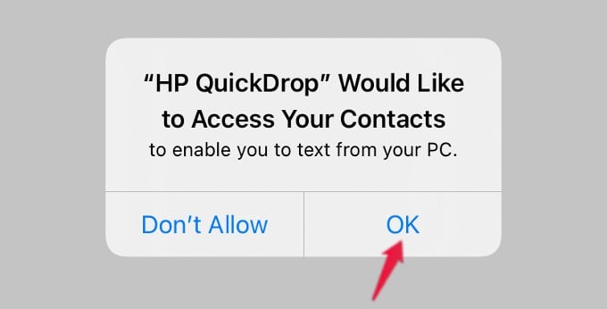  permission for hp quickdrop to access iphone contacts