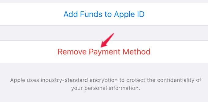 remove payment method alternate option iphone