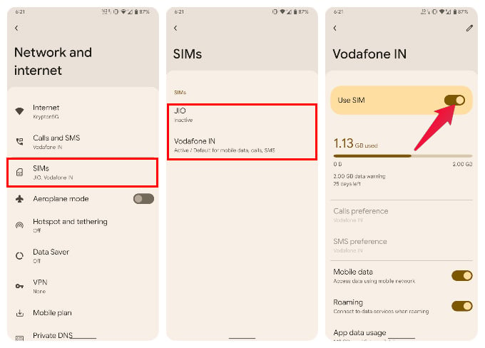 disable sim for Android work profile