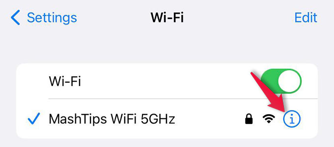 Select Connected WiFi Options on iPhone Tap i Icon