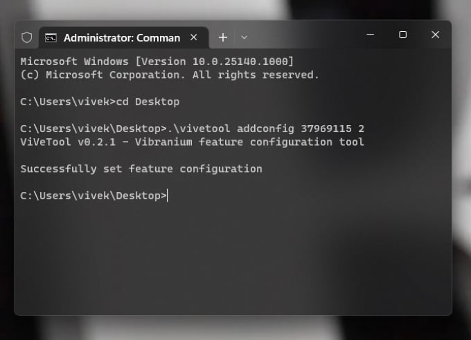 ViveTool command to enable Windows 11 web search widget