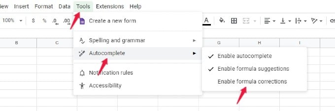 disable formula corrections google sheets