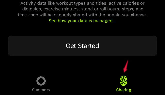 fitness app iphone sharing tab