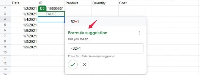 google sheet formula correction simple example
