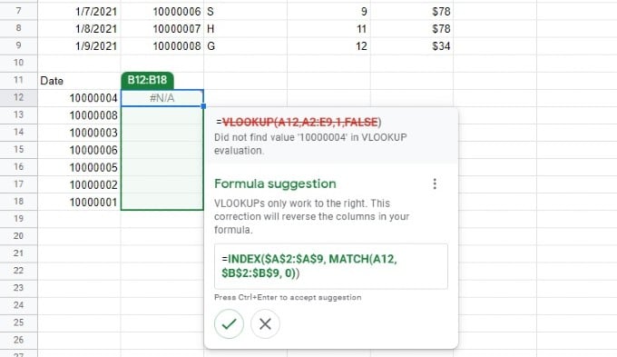 google sheet formula correction vlookup