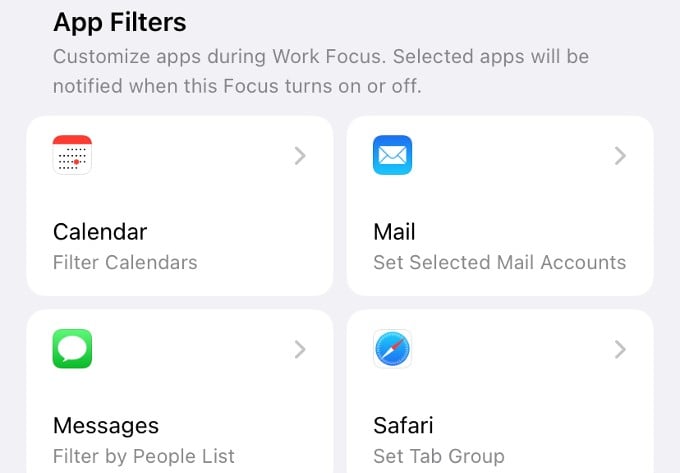 list of app filters on focus mode iphone