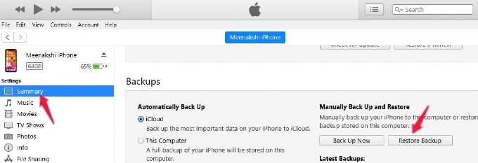 restore backup of iphone using itunes