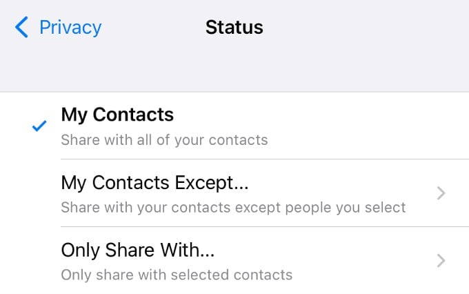 whatsapp status privacy settings iPhone