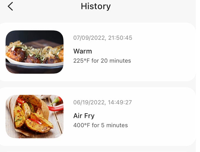 Cosori Air Fryer Toaster Combo Oven History on App
