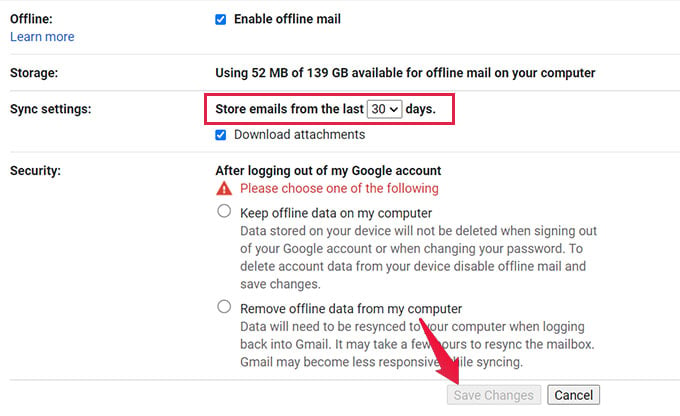 Enable Offline Mail and Change Sync Settings on Gmail