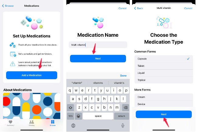 add medication name and type iphone