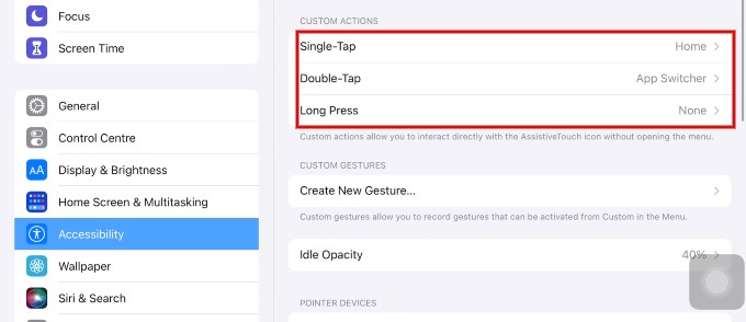 assistive touch customization options ipad