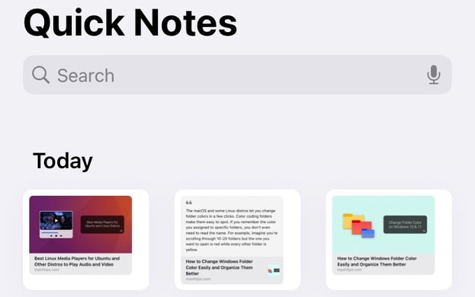 list of saved quick notes iPhone